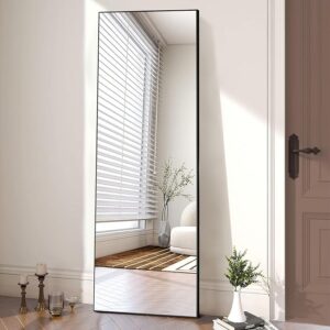 Full Length Mirror 64"x 21" for Bedroom, Full Body Mirror with Stand, Hanging or Leaning for Wall, Aluminum Alloy Thin Frame Floor Standing for Living Room, Long, Black