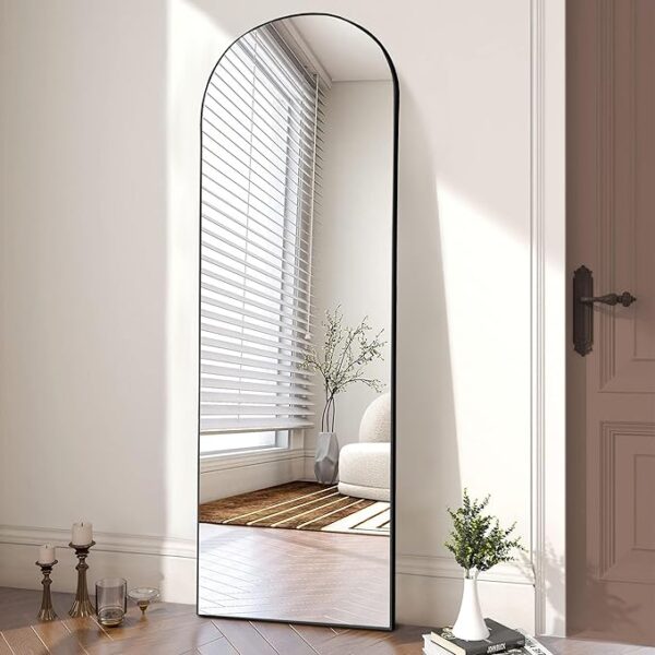 Arched Full Length Mirror with Stand, Full Length Mirror for Bedroom, Cloakroom, Living Room, Aluminum Alloy Thin Frame, 64"x21" Large, Floor Standing Tall, Black