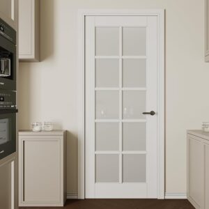 32''x80'' 10-Panel Frosted Glass Interior Door Slab Shaker, Pre-Built Panel for Barn Doors, Pocket Doors, French Door, for Pantry, Bedroom, Closet, Laundry & Bathroom, White Prefinish&Paintable