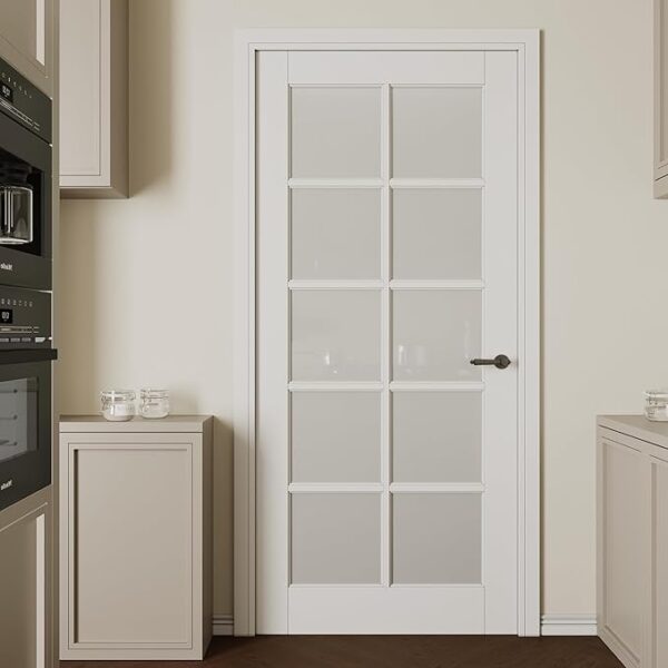 36''x80'' 10-Panel Frosted Glass Interior Door Slab Shaker, Pre-Built Panel for Barn Doors, Pocket Doors, French Door, for Pantry, Bedroom, Closet, Laundry & Bathroom, White Prefinish&Paintable