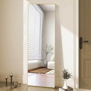 Full Length Mirror 64"x21" for Bedroom, Full Body Mirror with Stand, Hanging or Leaning for Wall, Aluminum Alloy Thin Frame Floor Standing for Living Room, Long, Gold