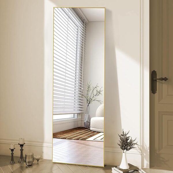 Full Length Mirror 64"x21" for Bedroom, Full Body Mirror with Stand, Hanging or Leaning for Wall, Aluminum Alloy Thin Frame Floor Standing for Living Room, Long, Gold